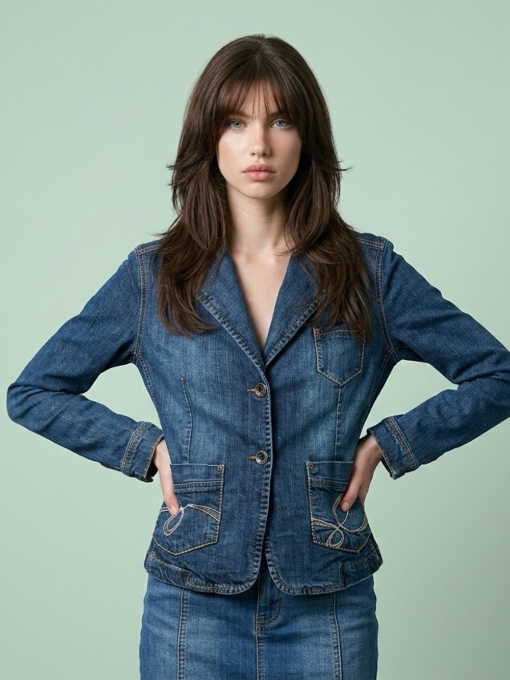 Mexx Y2K Denim Jean Blazer Jacket Stylish Trendy Embroidered Pockets Size 12